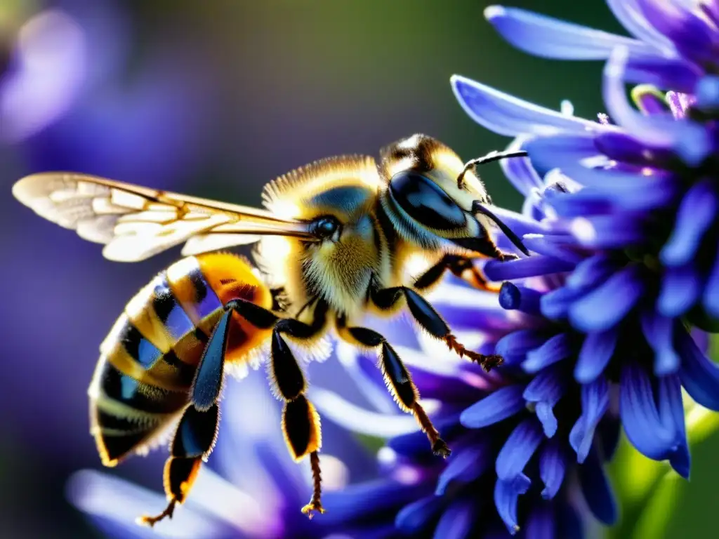 Majestuosa miel europea en América historia: abeja recolectando néctar de lavanda