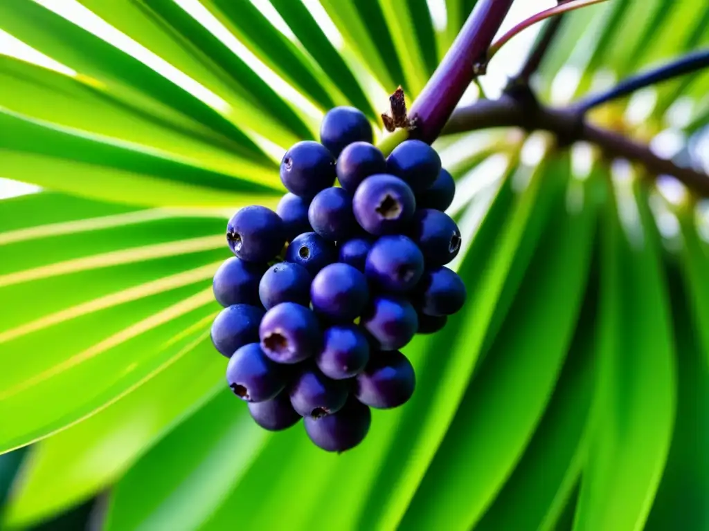 La majestuosidad de una palma de açaí en la selva amazónica, sus hojas e intrincadas bayas púrpuras brillando al sol, resaltando la biodiversidad