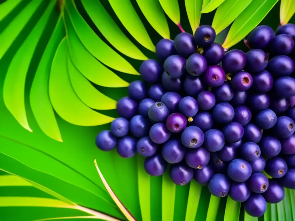 Majestuoso açaí en el Amazonas, con sus bayas moradas y hojas detalladas bajo el sol