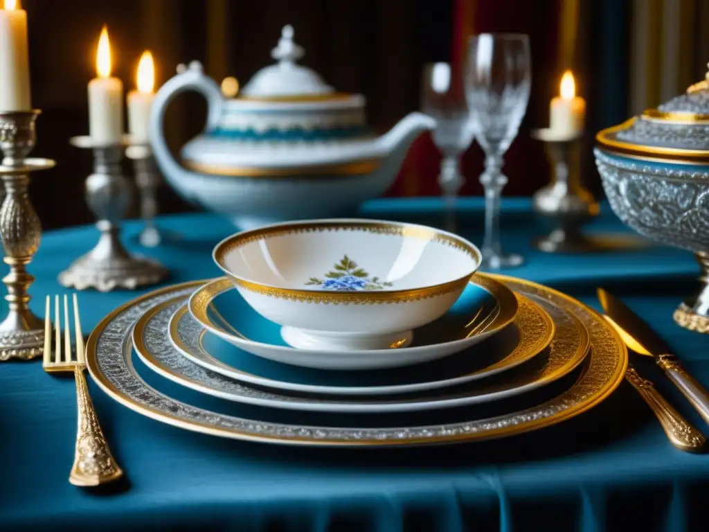 Majestuoso banquete francés: una mesa lujosa con cubiertos de plata, vajilla de porcelana y cristalería, bajo la luz de velas