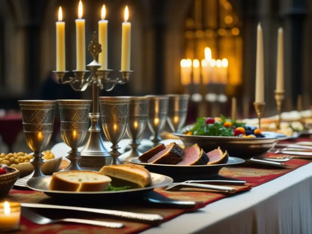 Majestuoso banquete medieval en la Abadía Westminster: mesa repleta de manjares, plata y tapestries