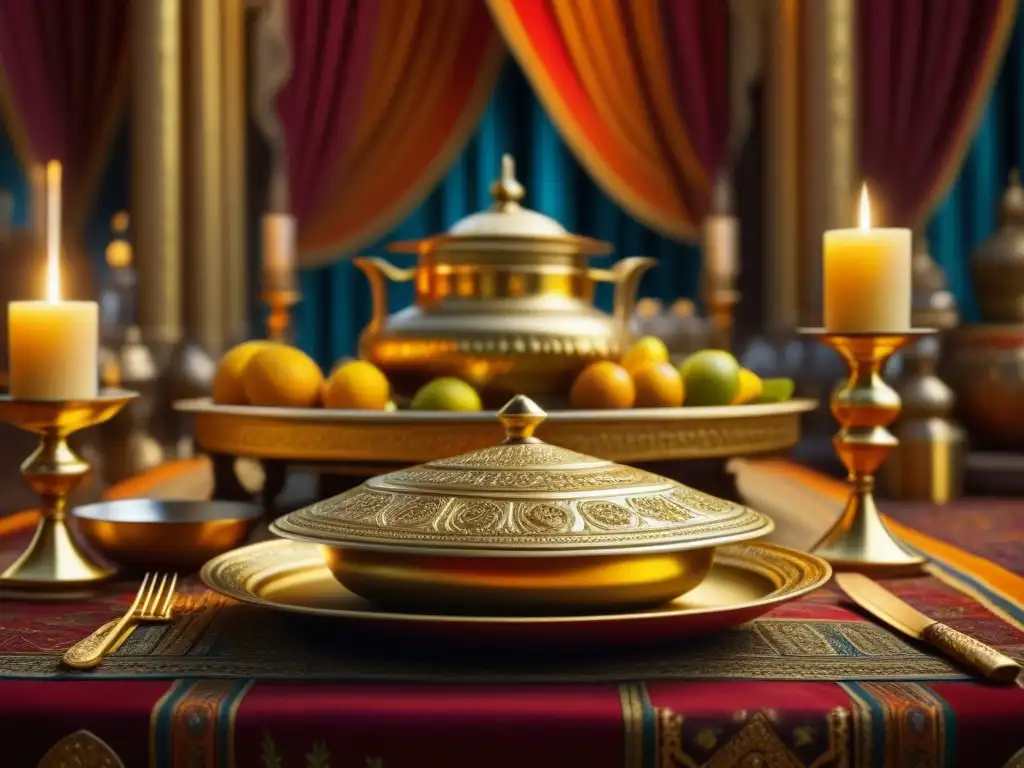 Majestuoso banquete real en antiguos reinos africanos, con detalles dorados y exóticas frutas bajo candelabros