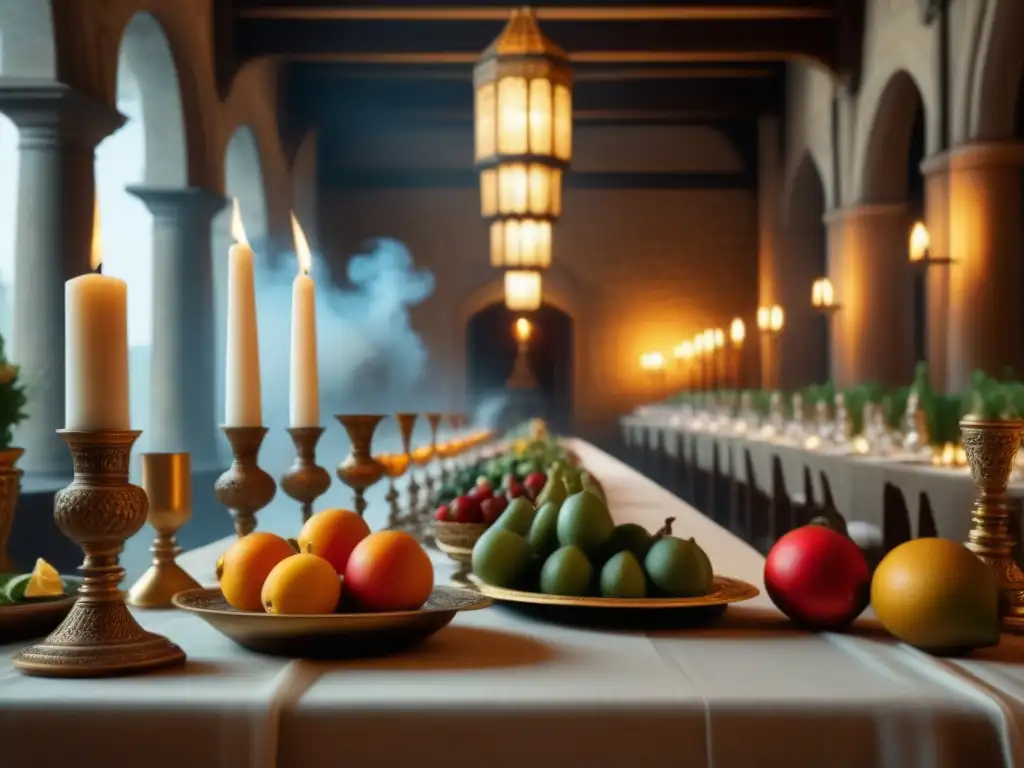 Majestuoso banquete en un salón medieval, con intrigas políticas y alianzas en la Edad Media