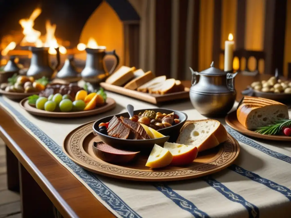 Majestuoso banquete vikingo con recetas históricas en gran salón iluminado por antorchas