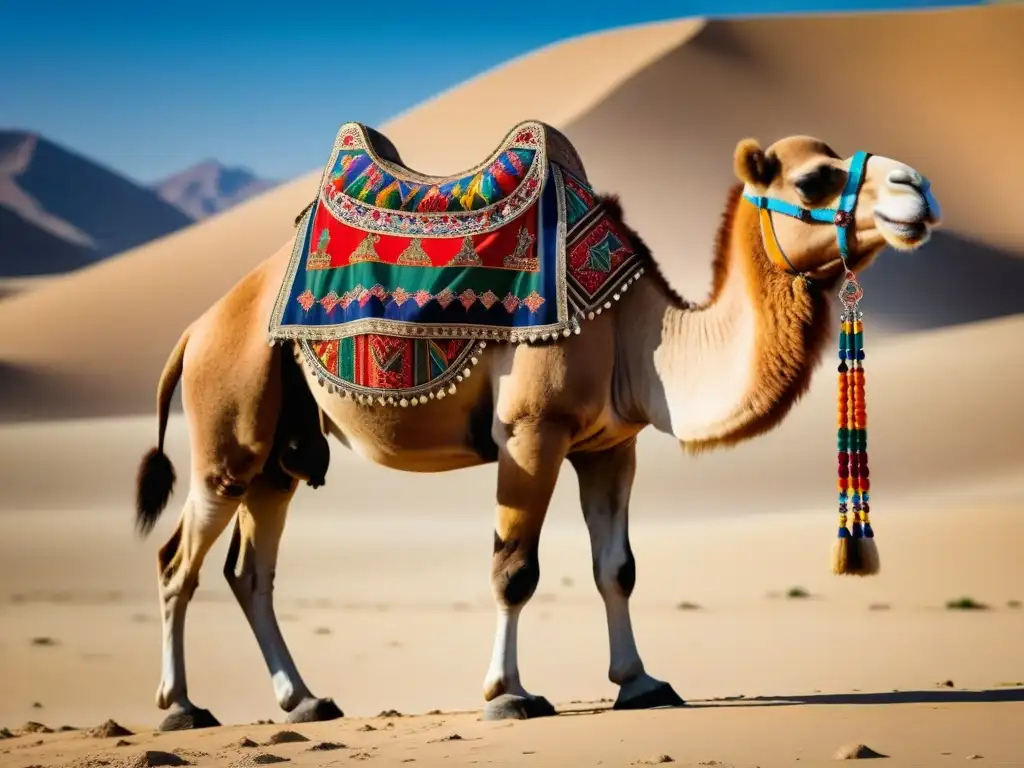 Un majestuoso camello bactriano decorado con textiles tradicionales en el árido desierto de la Ruta de la Seda