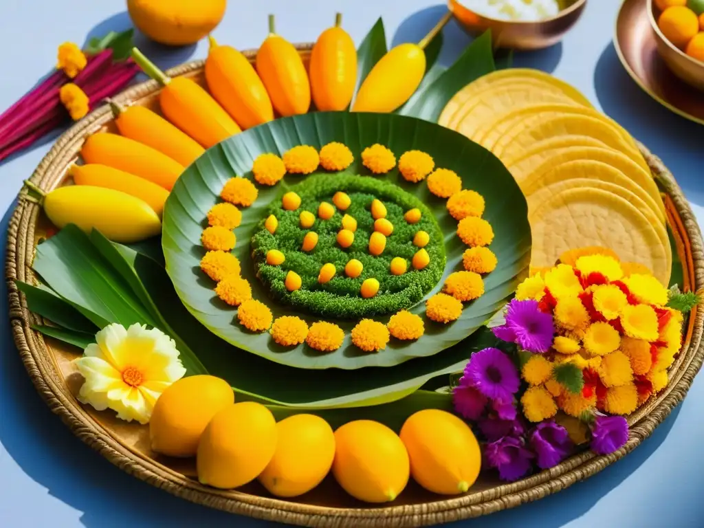 Un majestuoso thali del Chhath Puja con ofrendas tradicionales, thekuas, caña de azúcar, frutas y flores de cempasúchil