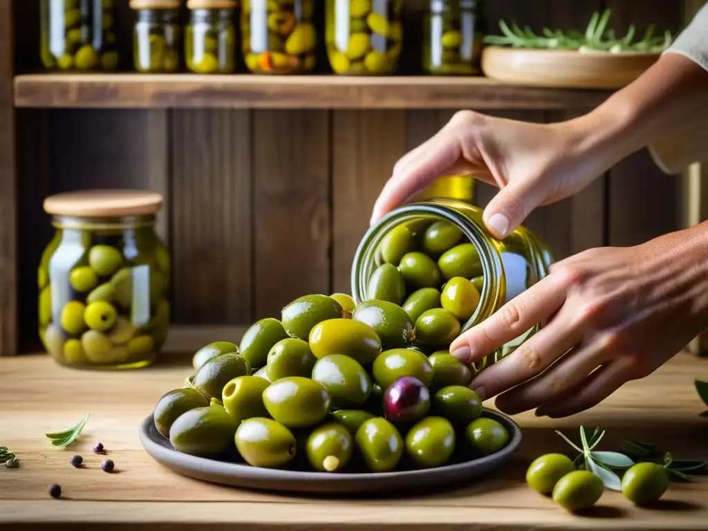 Mano coloca aceitunas verdes en frasco con especias, ajo y hierbas en aceite de oliva dorado