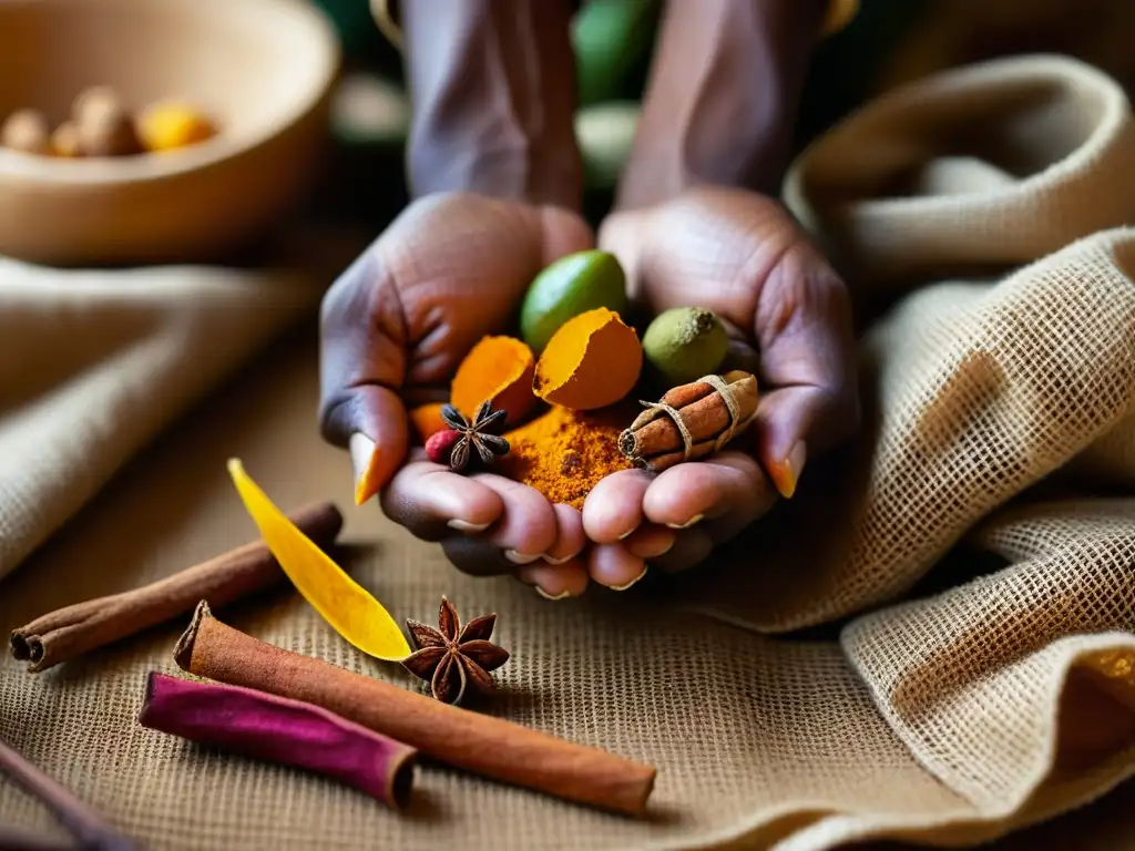 Mano de granjero africano con especias vibrantes Mano de agricultor en África sostenible sostiene especias vibrantes