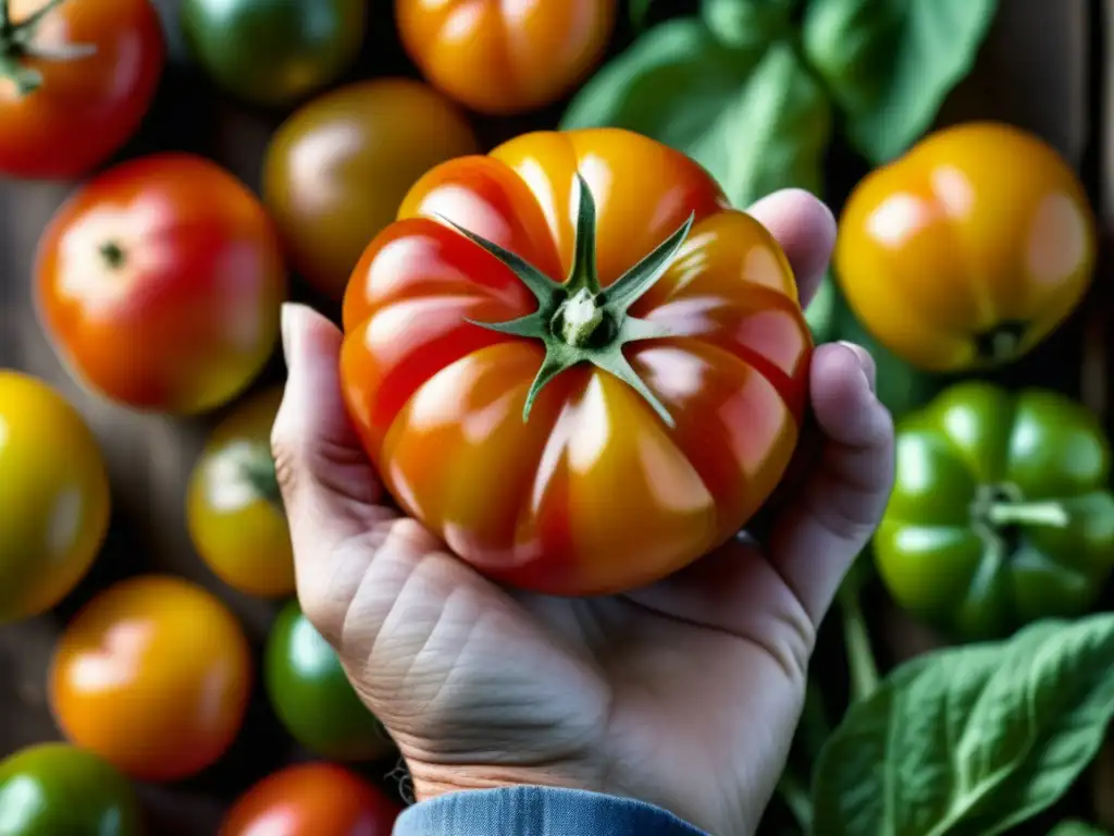 Mano de agricultor sostiene suavemente un tomate recién cosechado, mostrando patrones e colores vibrantes