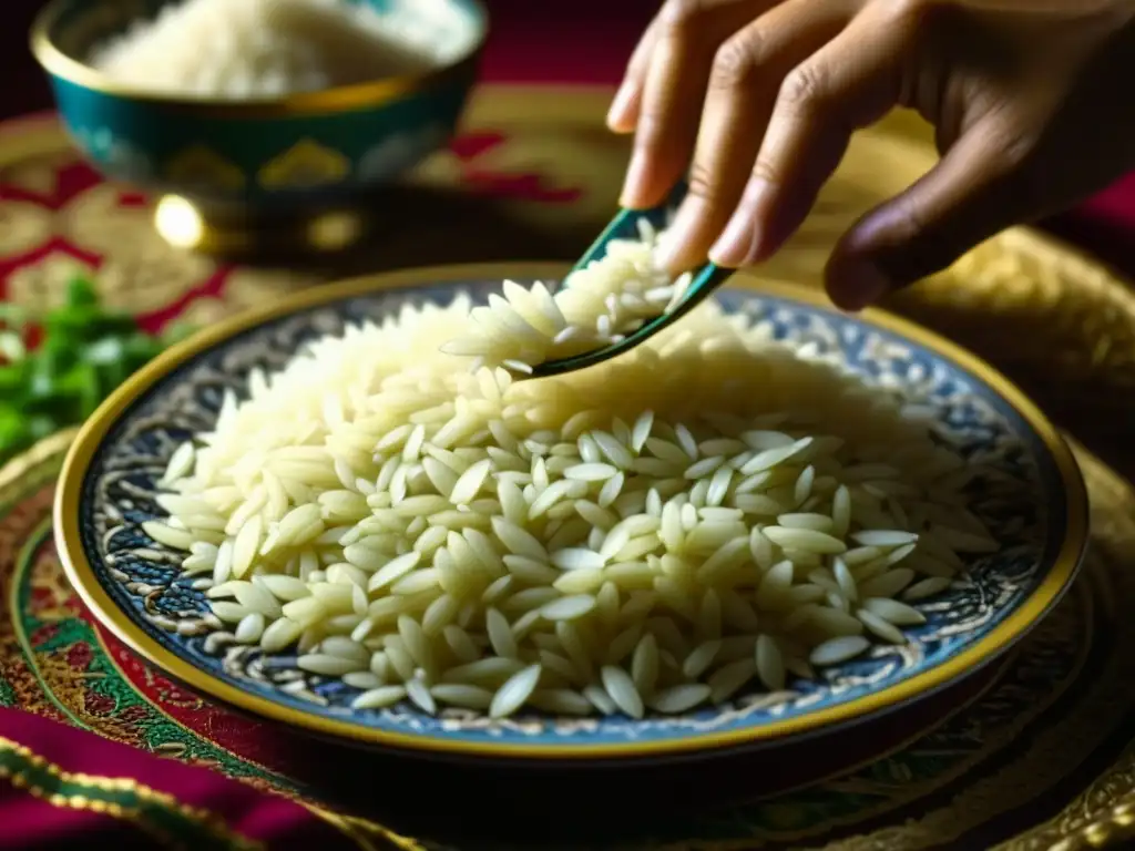 Mano vierte arroz crudo en plato persa con detalle y tradición