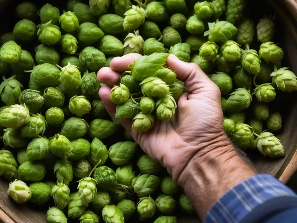 Mano arrugada de anciano europeo del Este seleccionando lúpulo para producción cerveza