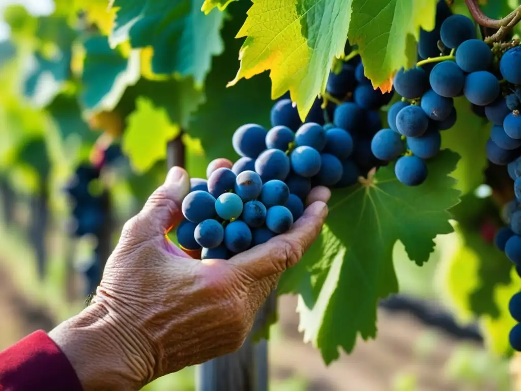 Una mano arrugada recolectando uvas en un viñedo tradicional, resaltando la conexión con revistas tradiciones vitivinícolas históricas