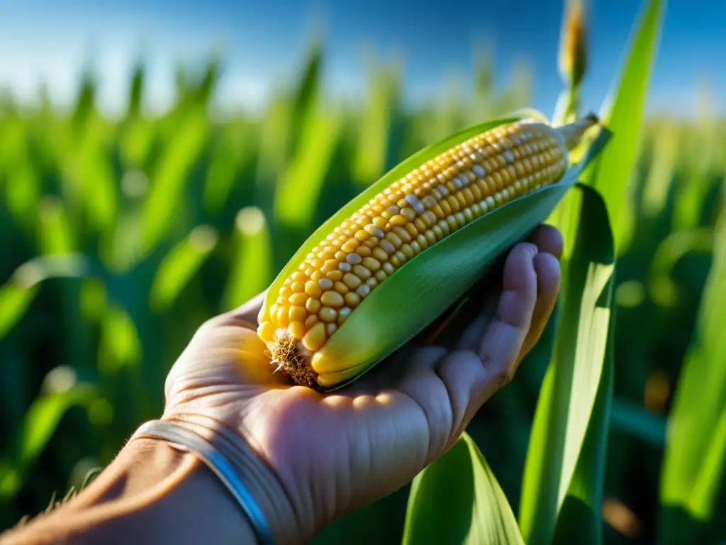 Mano áspera sostiene mazorca en campo soleado, reflejando la dieta del agricultor americano siglo XIX