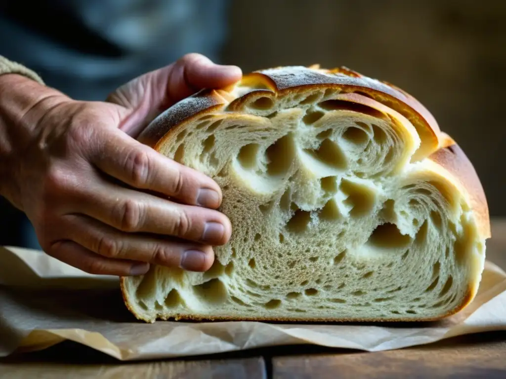 Mano áspera sostiene pan recién horneado