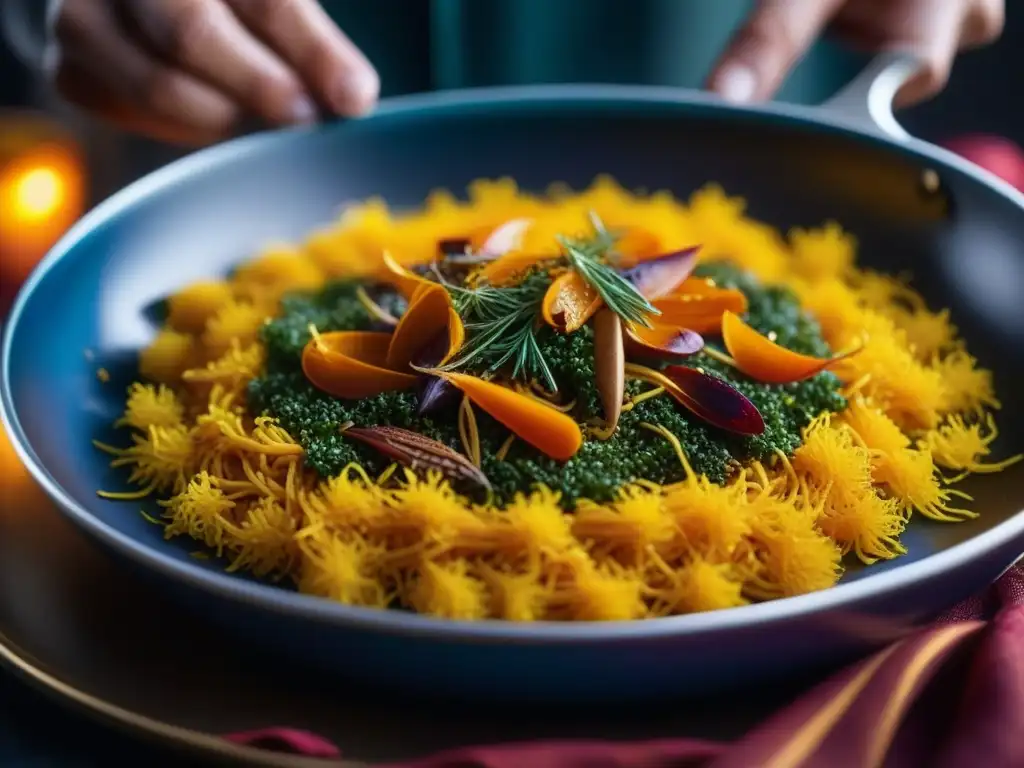 Mano esparciendo azafrán sobre paella dorada, simbolizando la influencia árabe en cocina renacentista