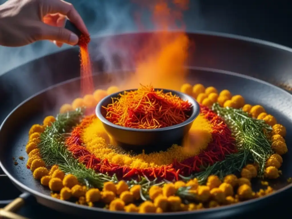 Mano espolvoreando azafrán rojo y pimentón naranja sobre una paellera humeante, fusionando sabores y culturas