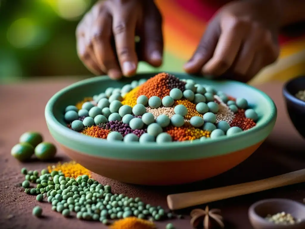 Mano que esparce botones de peyote en un cuenco de barro, rodeado de especias y hierbas coloridas, en una cocina ritual peyote historia culinaria