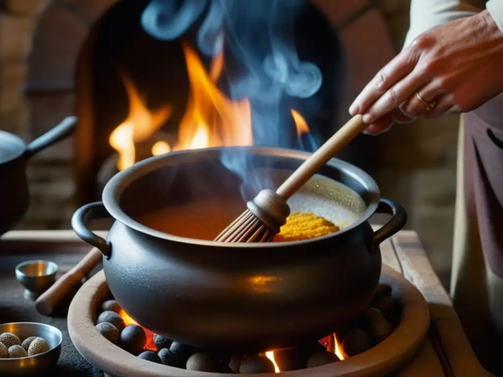 Una mano revolviendo un caldero burbujeante en una cocina histórica, evocando recetas históricas de diversas culturas