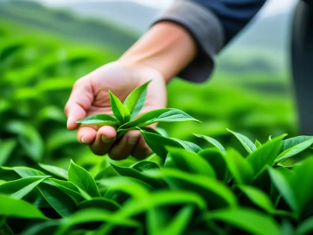 Mano callosa recolectando hojas de té verde en plantación tradicional