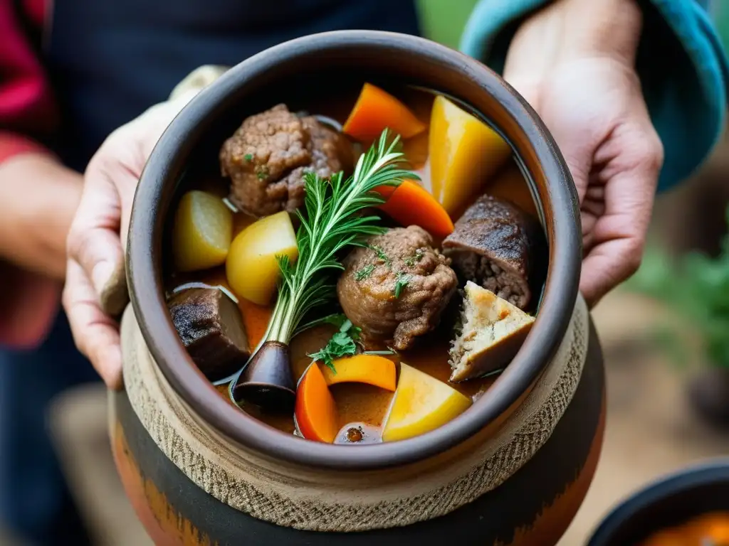 Mano campesina bizantina sostiene olla de guiso, evocando recetas históricas campesinas bizantinas