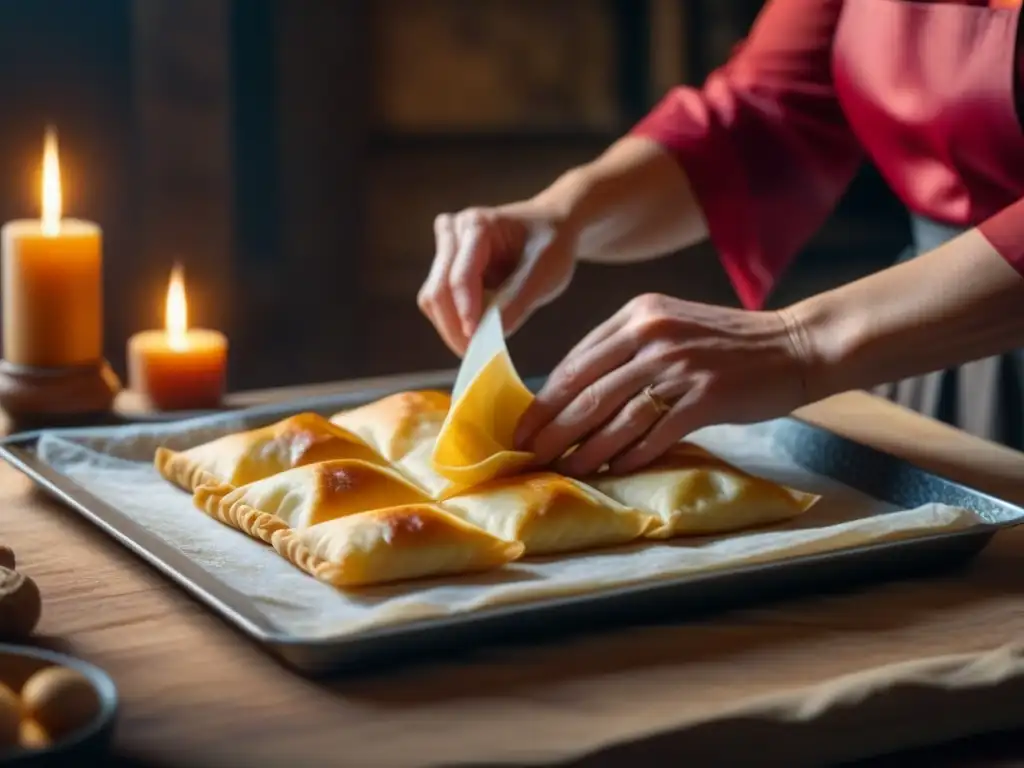 Mano colocando capas de masa filo en bandeja en cocina judía de Europa medieval