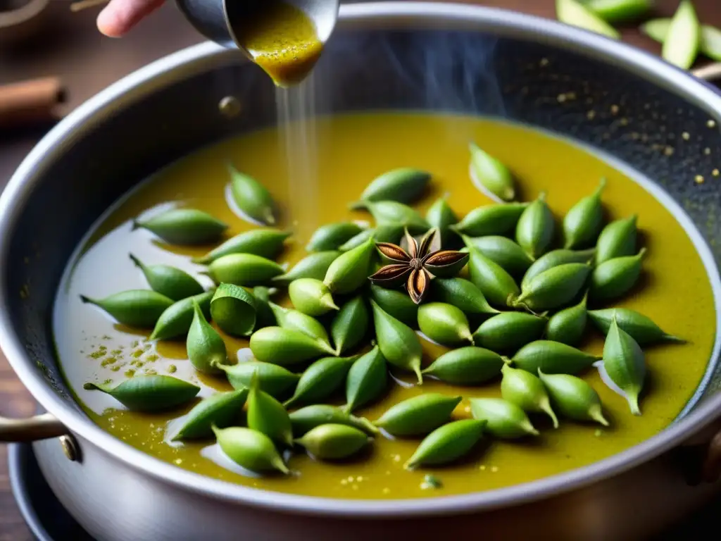 Mano vertiendo cardamomo verde en curry aromático