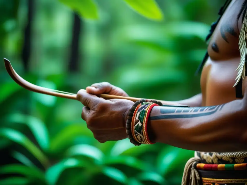Arco maya tallado: conexión ancestral con la naturaleza Mano de cazador maya con arco artesanal detallado en la selva - Caza en la alimentación Maya