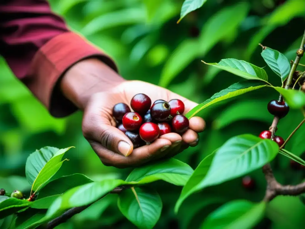 Mano recolectando cerezas de café en plantación vietnamita, resaltando la historia del café vietnamita