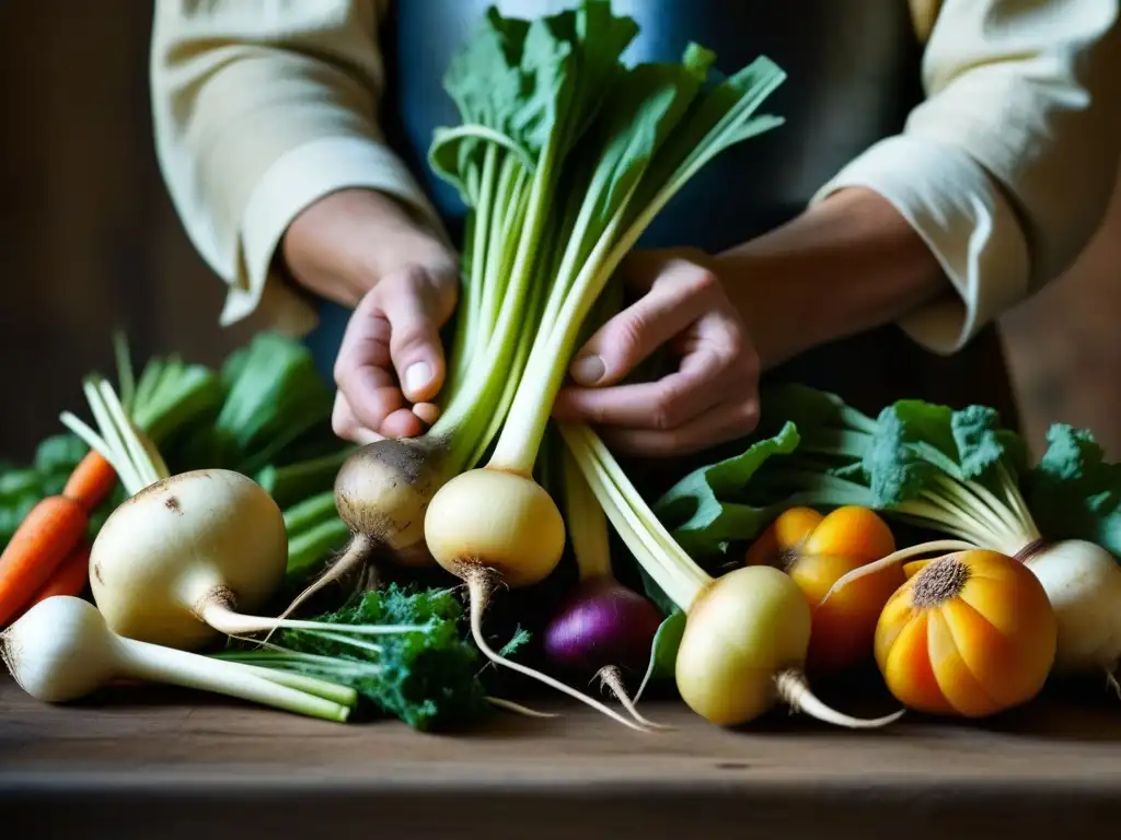 Mano sostiene coloridas verduras medievales, resaltando texturas e imperfecciones, conexión con dietas históricas sostenibles