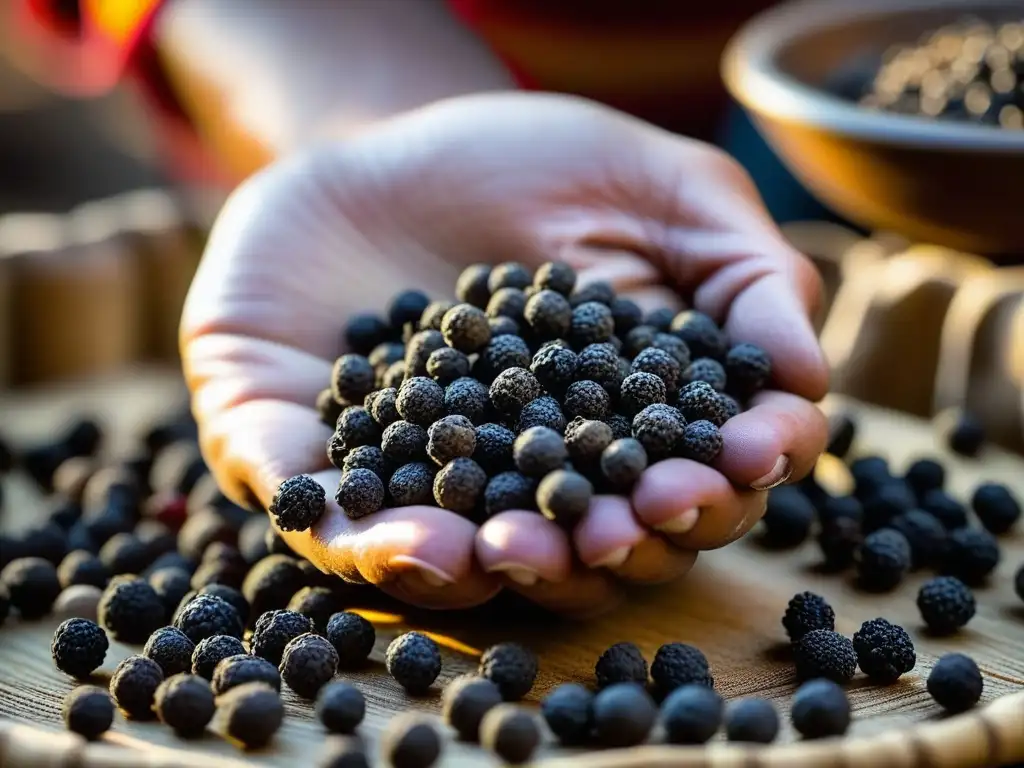 Mano de comerciante de especias seleccionando pimienta negra en mercado antiguo, historia pimienta negra cocina