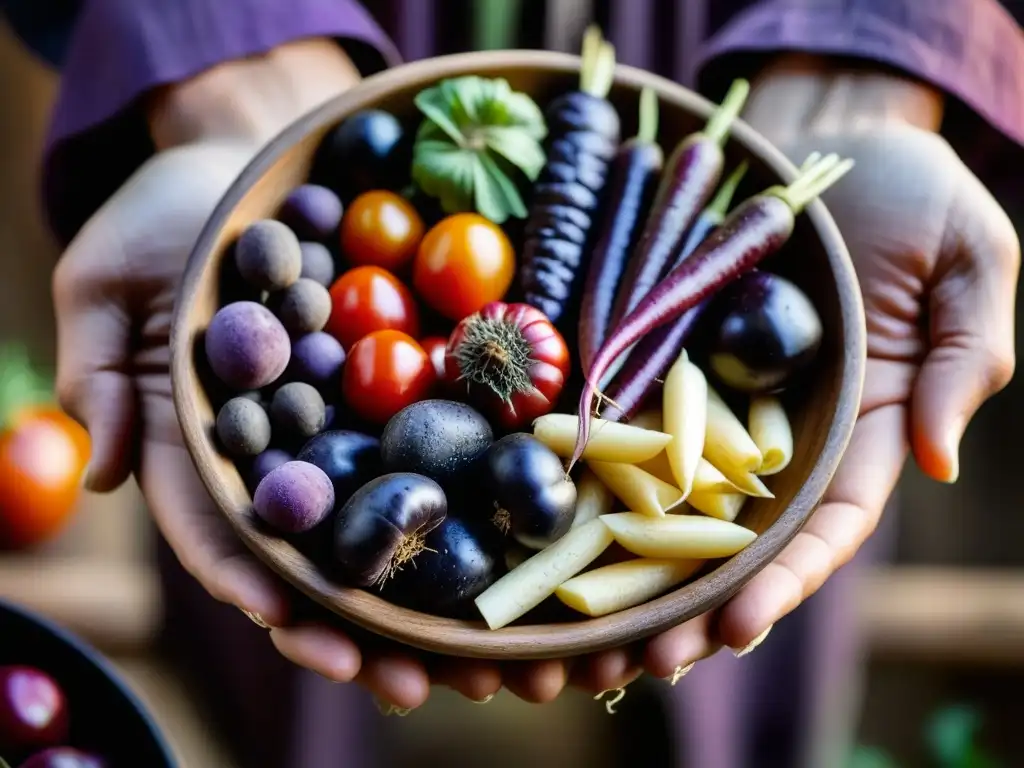 Mano sostiene cuenco de madera con ingredientes medievales: zanahorias moradas, salsifí, tomates negros y granos variados