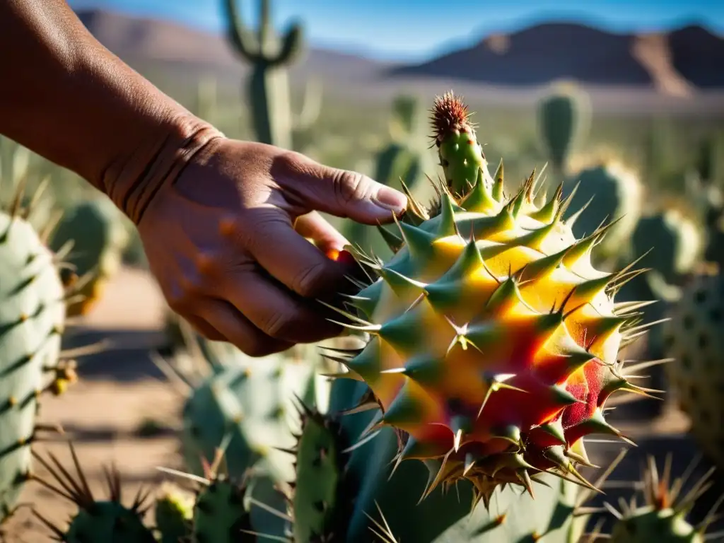 Mano cose con cuidado tunas coloridas de un cactus en desierto árido