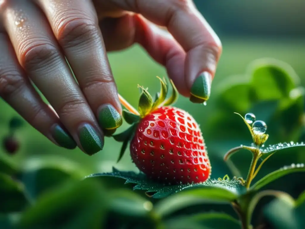 Mano cuidadosa cosechando fresas rojas en un campo soleado, destacando la belleza natural de esta fruta