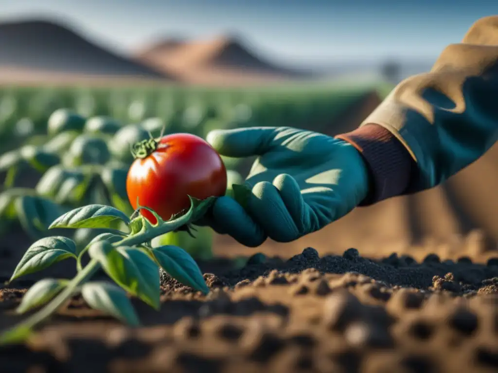 Una mano curtida por años de trabajo en prácticas agrícolas durante el Apartheid, recolecta un tomate rojo vibrante en un paisaje árido