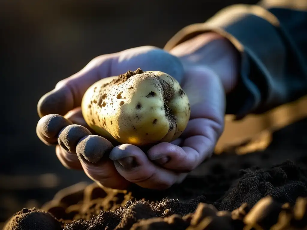 Una mano curtida sostiene una patata recién cosechada, simbolizando autonomía alimentaria durante las Guerras Napoleónicas