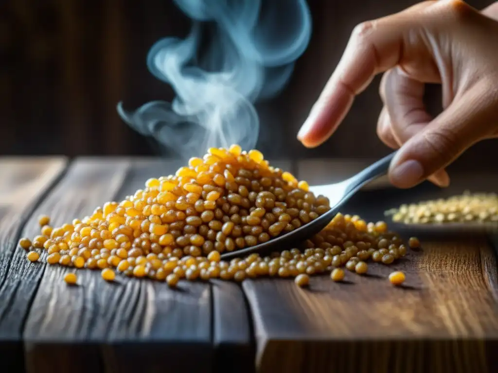 Mano esparciendo cuscús dorado sobre mesa rústica, destacando texturas y colores del plato magrebí