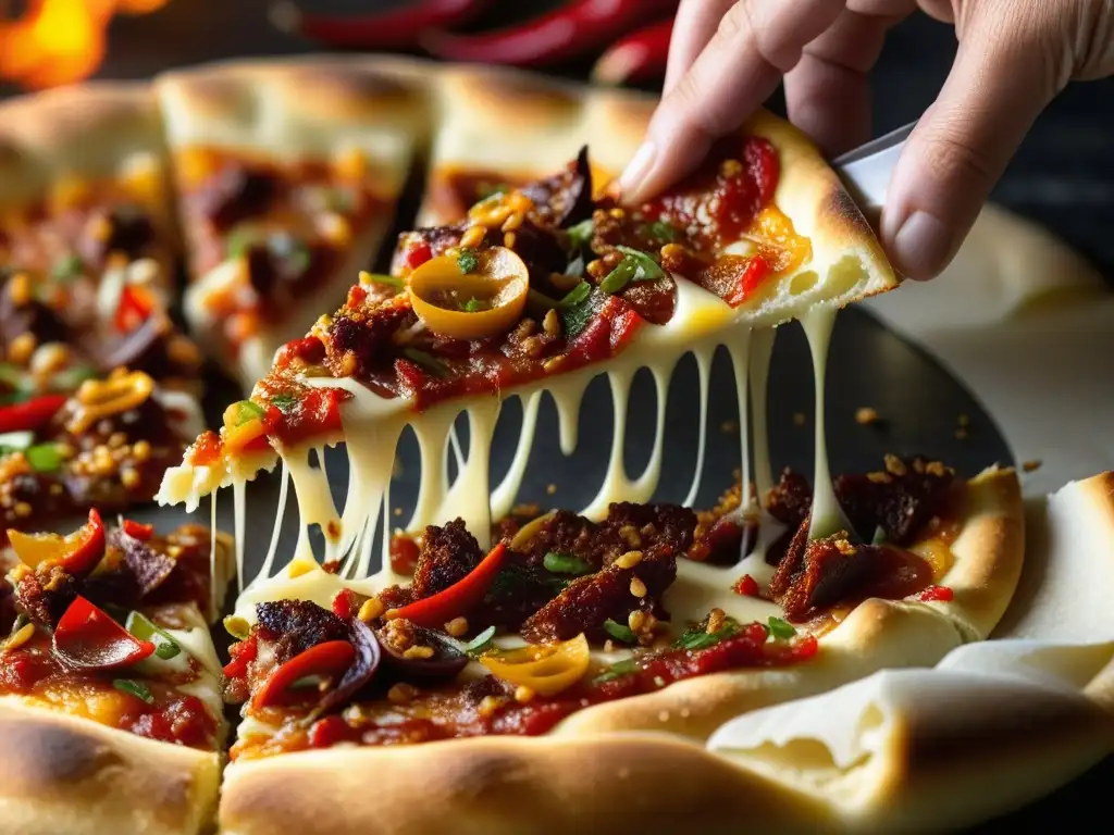 Mano delicada espolvoreando chiles rojos sobre pizza italiana, fusionando influencias asiáticas en cocina europea