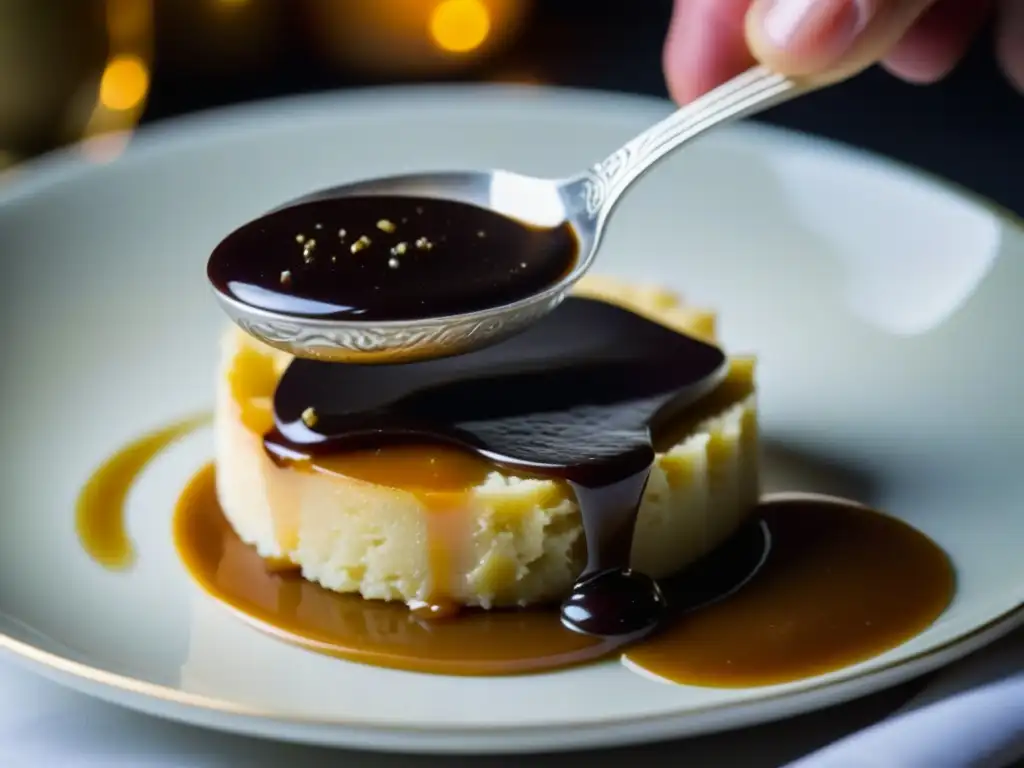 Mano delicada sirviendo salsa sobre foie gras, reflejando opulencia y refinamiento de la influencia aristocracia francesa en arte culinario