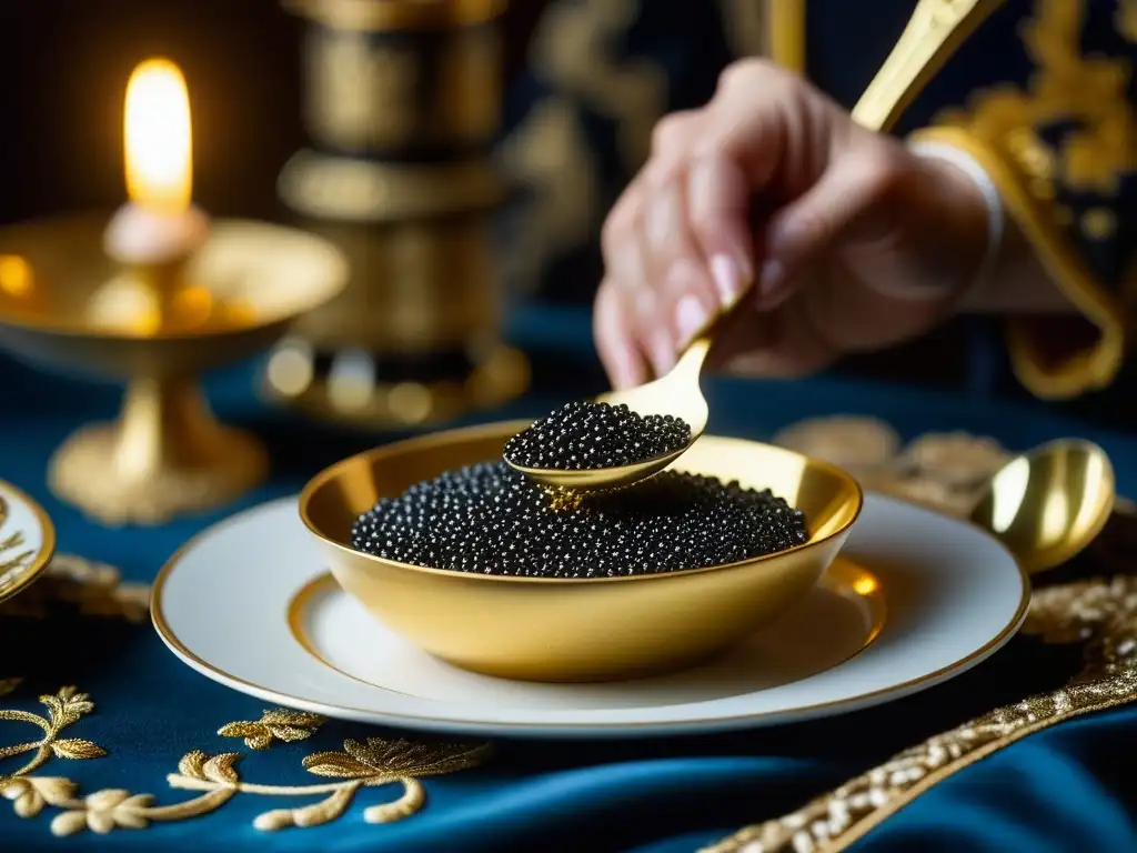 Mano delicada de una Zarevna colocando caviar en un plato de porcelana, resalta la importancia de las mujeres en la cocina de los Zares