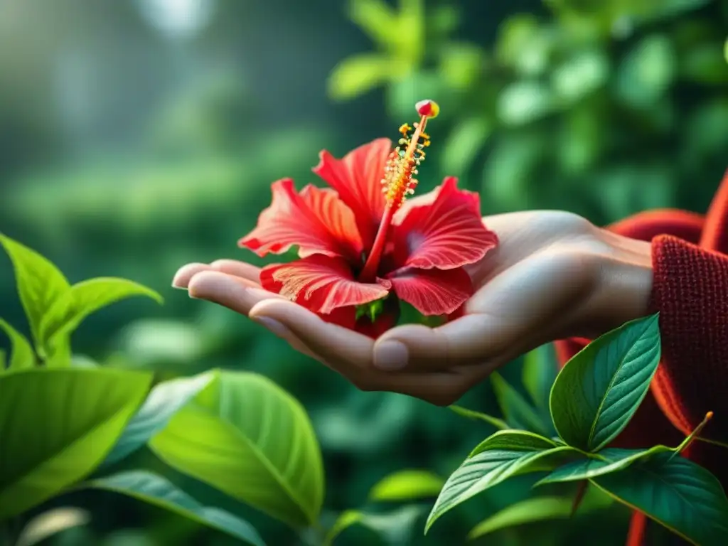 Una mano sostiene con delicadeza una flor de hibisco rojo vibrante, resaltando sus detalles contra un fondo verde exuberante