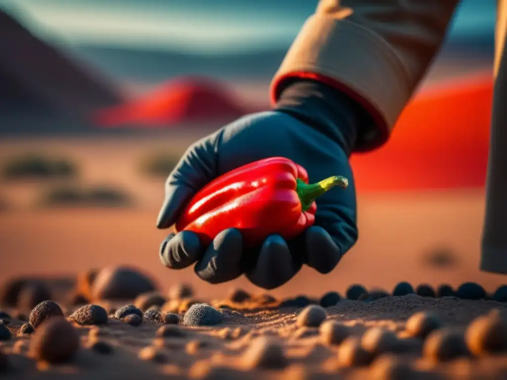 Mano sosteniendo Pimienta del Desierto roja en desierto, resaltando su textura y color