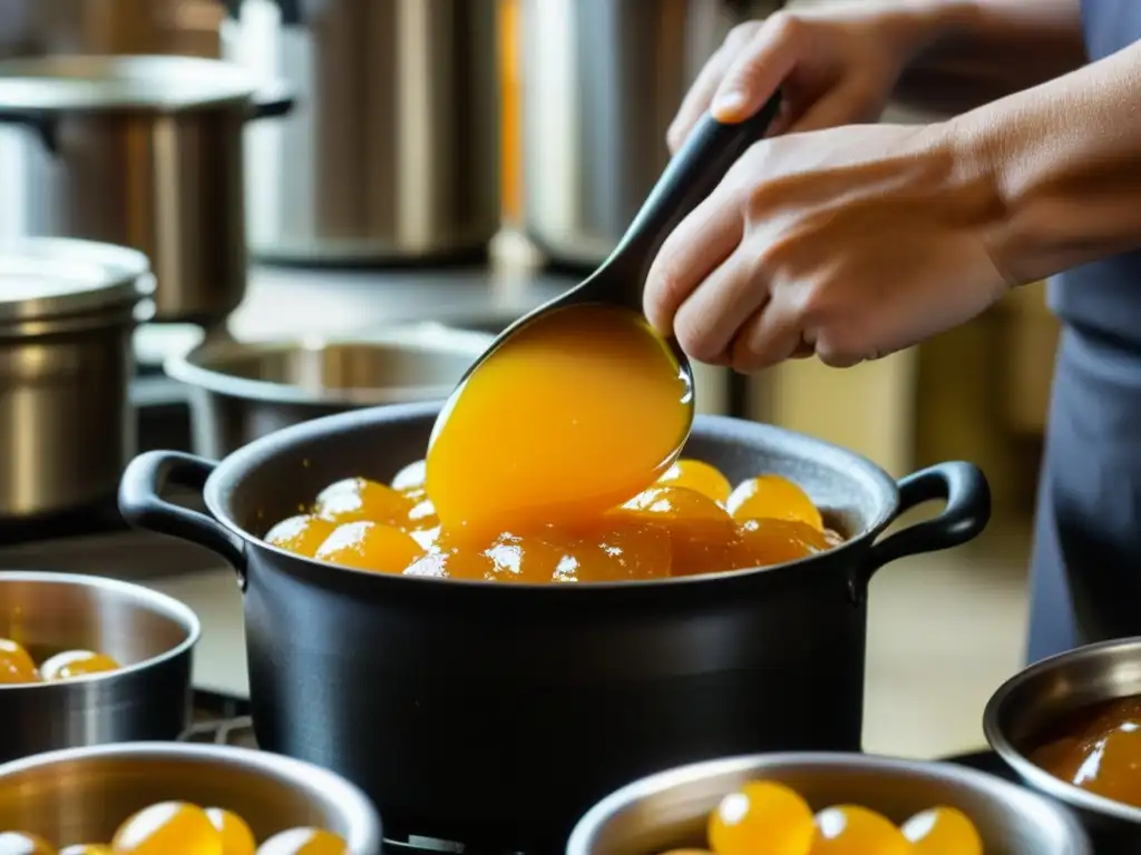 Una mano remueve con detalle una olla de mermelada armenia de albaricoque, destacando su color dorado y textura espesa