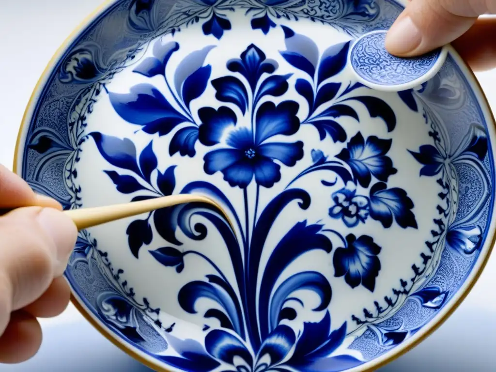 Mano pintando diseño floral azul en cerámica Delft, historia cerámica Delft influencia global