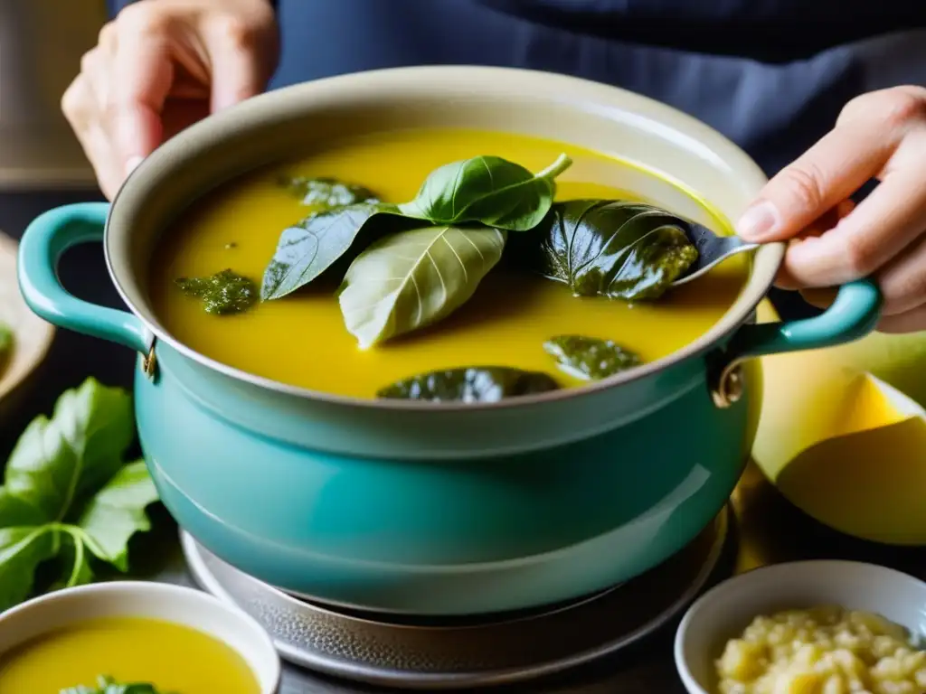 Mano colocando un dolma en sopa Avgolemono, fusionando recetas griegas antiguas historia en cocina moderna