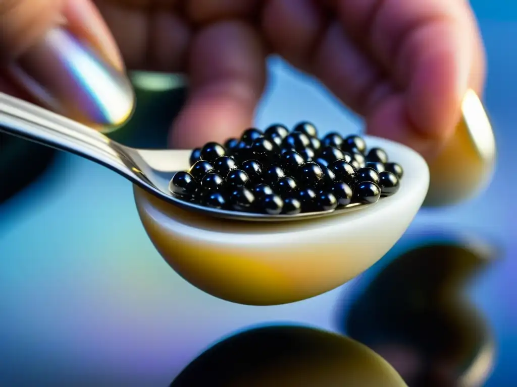 Mano elegante sirviendo caviar negro en cuchara de nácar, destaca lujo y detalle