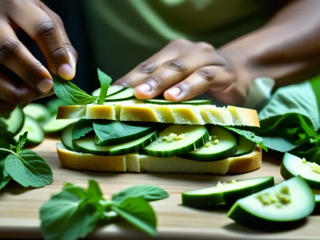 Una mano ensambla con esmero un sándwich de pepino tradicional del Sur de Asia, capturando la esencia cultural de recetas históricas