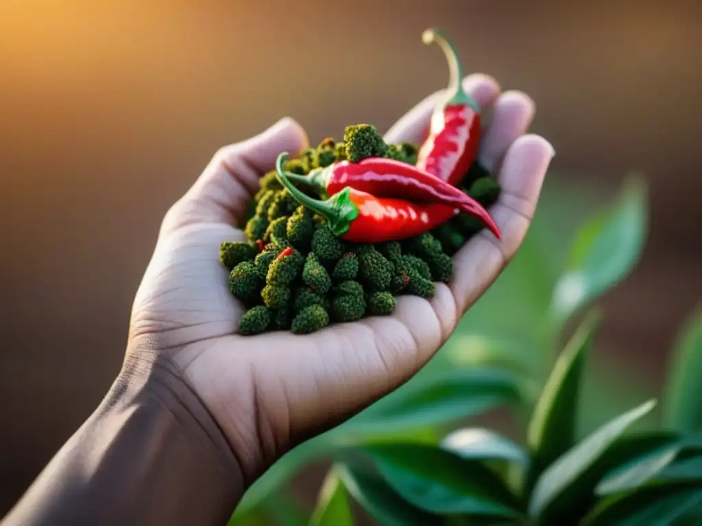 Mano sostiene especias africanas vibrantes, reflejando historia culinaria y 'Impacto de la colonización en gastronomía africana'