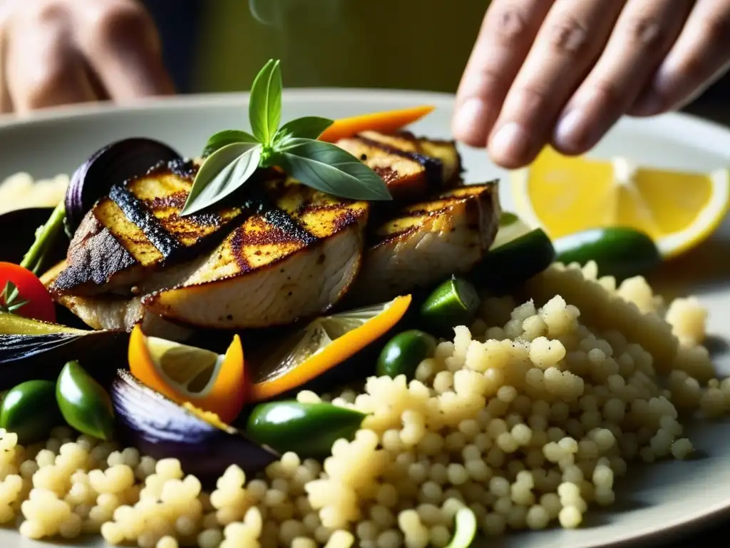 Mano espolvoreando especias árabes en plato mediterráneo