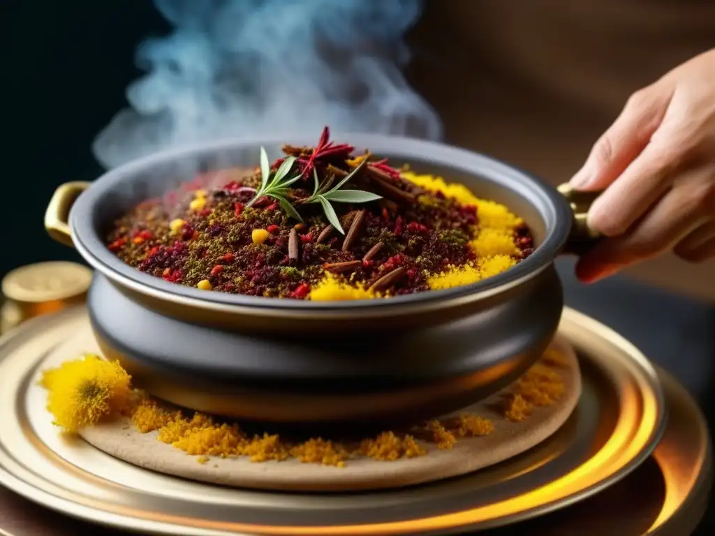 Mano esparciendo especias de la cocina otomana sobre un guiso aromático, resaltando su belleza e historia culinaria