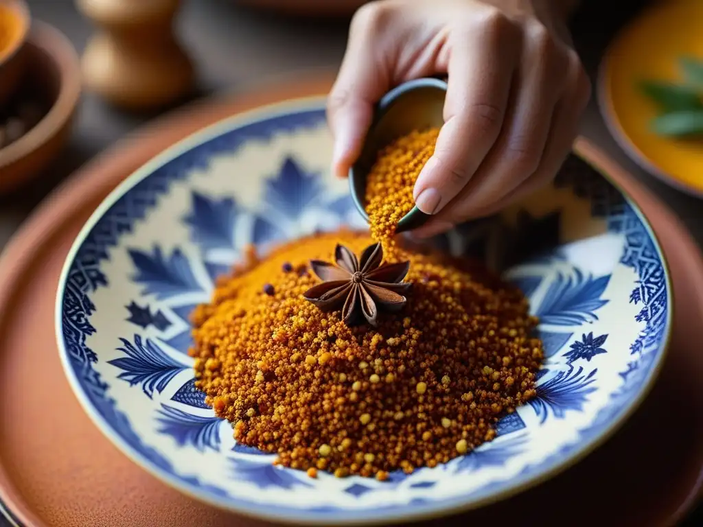 Delicada esencia de especias en plato cerámico de Al-Andalus Mano esparciendo especias sobre plato cerámico, reflejando la rica herencia cultural de Al-Ándalus